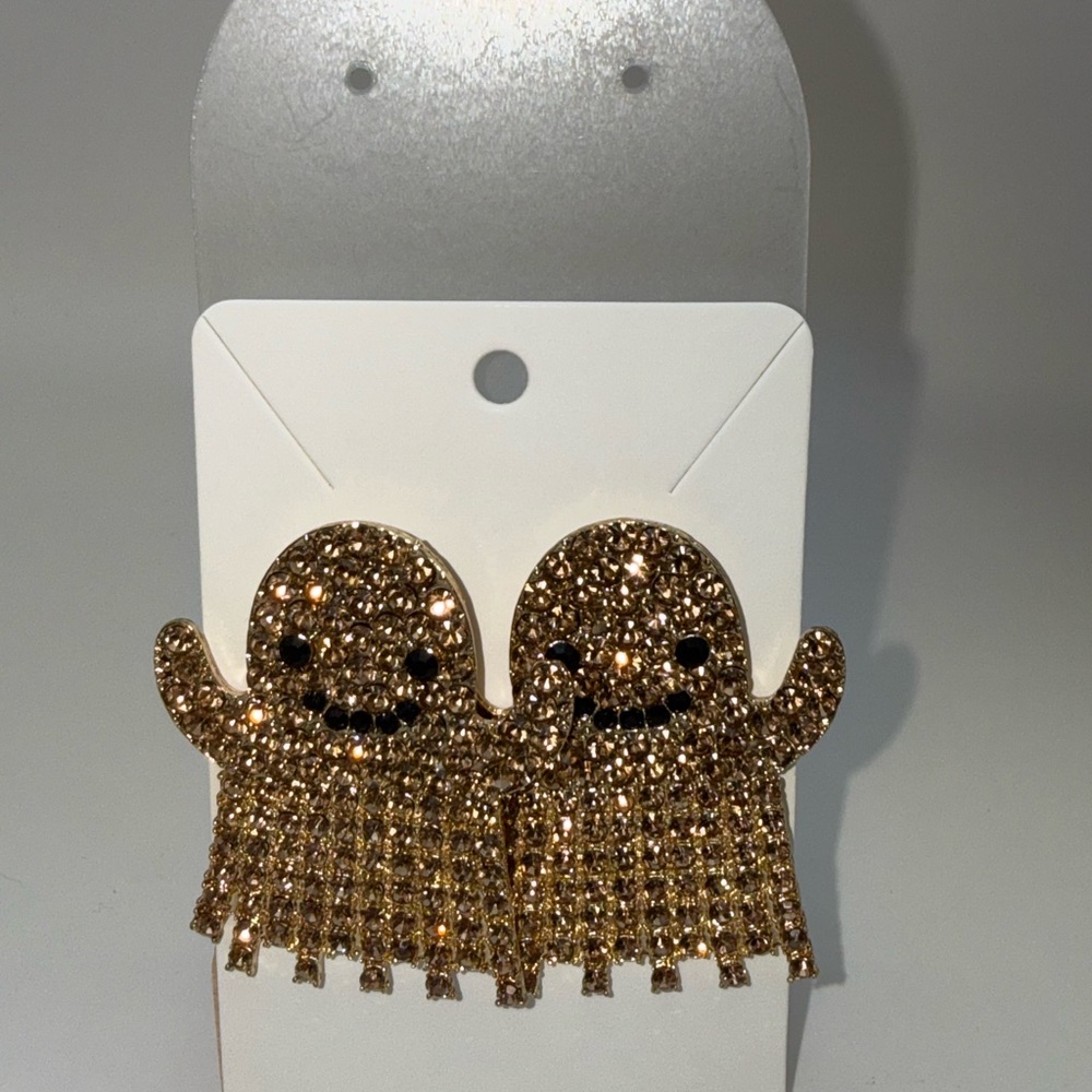 Gold Rhinestone Ghost Fringe Earrings Halloween Statement Dangle Sparkly Jewelry